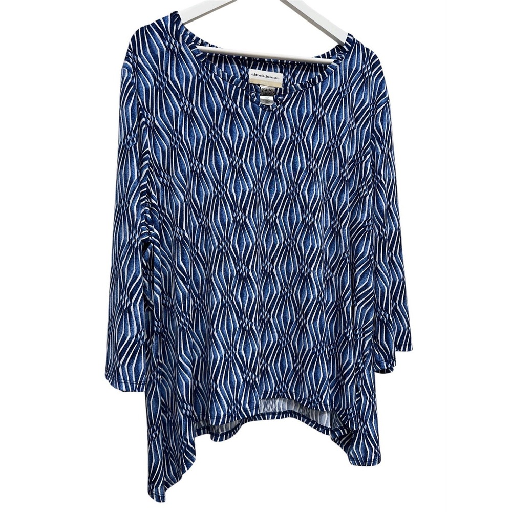 Alfred Dunner Women's Size 2X Stretch Fit Top Blue White 3/4 Sleeve Keyhole Neck - Picture 2 of 8